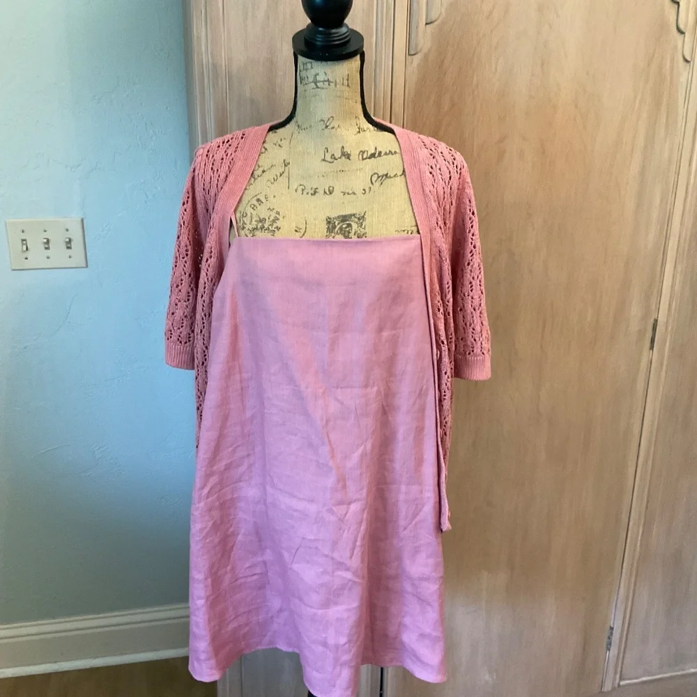 Reformation Linen 2pc Set  Aubree Dress @ Cardi Mini matching crochet cardigan L